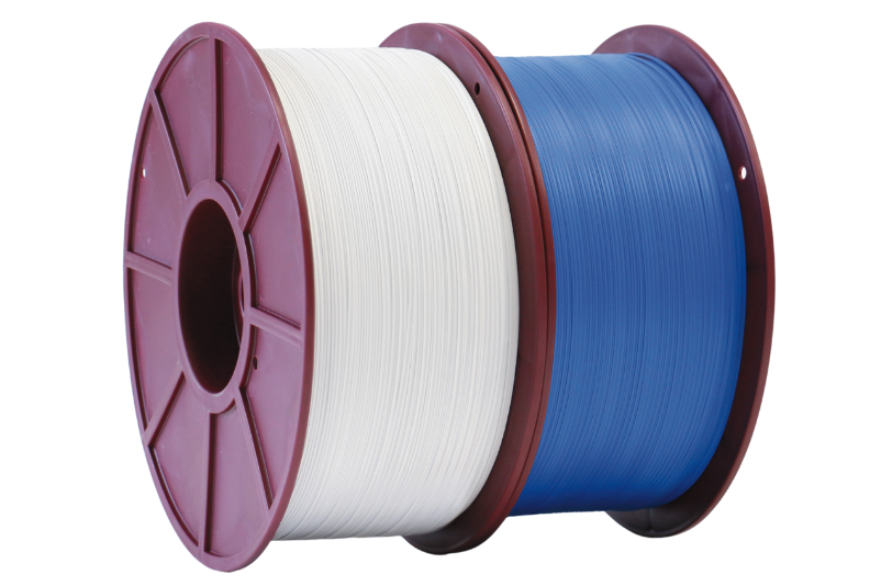 White and blue plastic twistband on reels